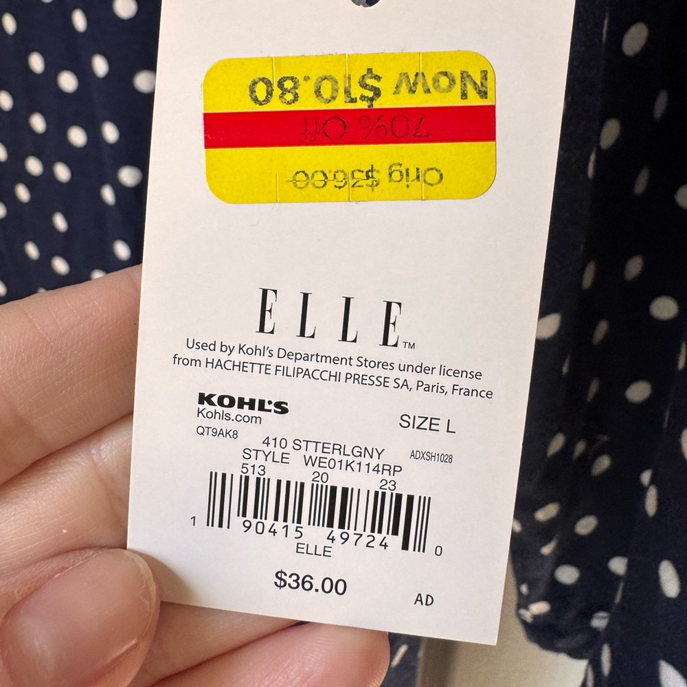 NWT Elle Navy and White Polka Dot Scoop Neck Long Sleeve Top size L - Picture 3 of 7